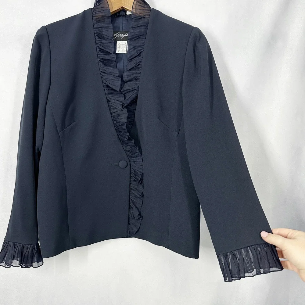 Sunny Choi Silk Ruffle Trim Long Sleeve Solid Navy Blue Jacket Women's Size 14